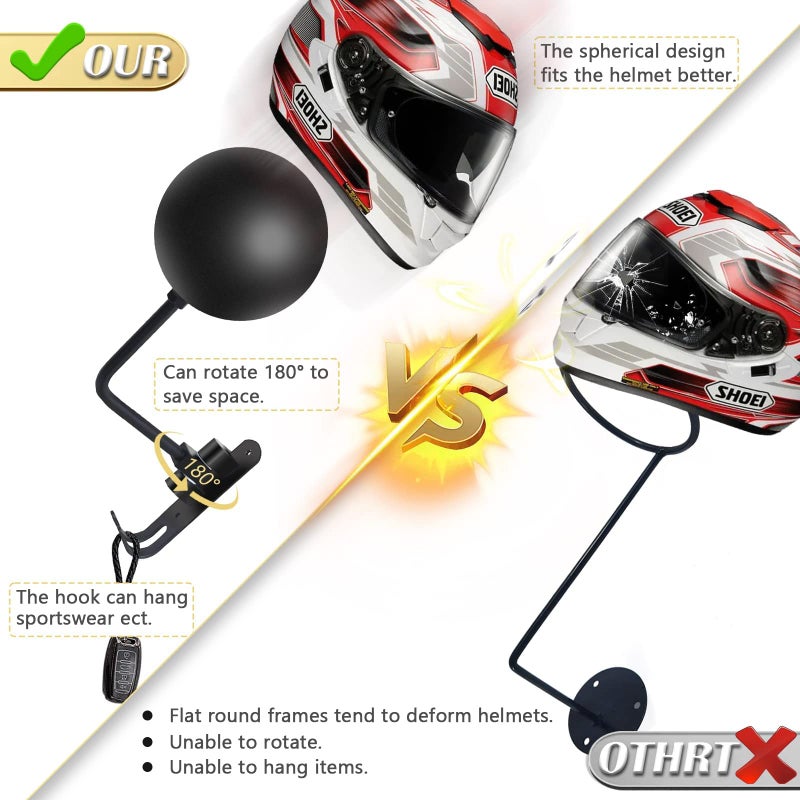 Kikerike Motorcycle Helmet Rack Wall Mount 180 Degree Rotation Metal Bike Helmet Holder Mount Bicycle Helmet Display Hanger Stand with 2 Hooks for Motorcycle Bike Baseball Rugby Helmet - Black  4 Pcs - Image 4